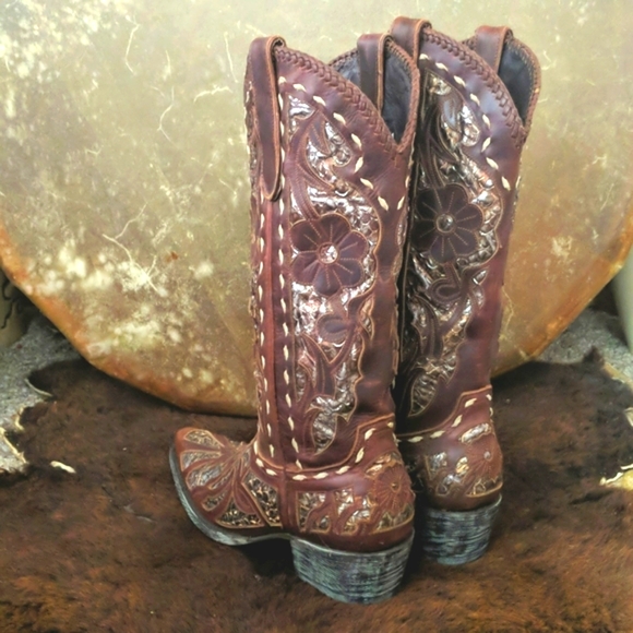 LANE "Poison" floral Chestnut brown & metallic snakeskin underlay cowgirl boots - Picture 3 of 16